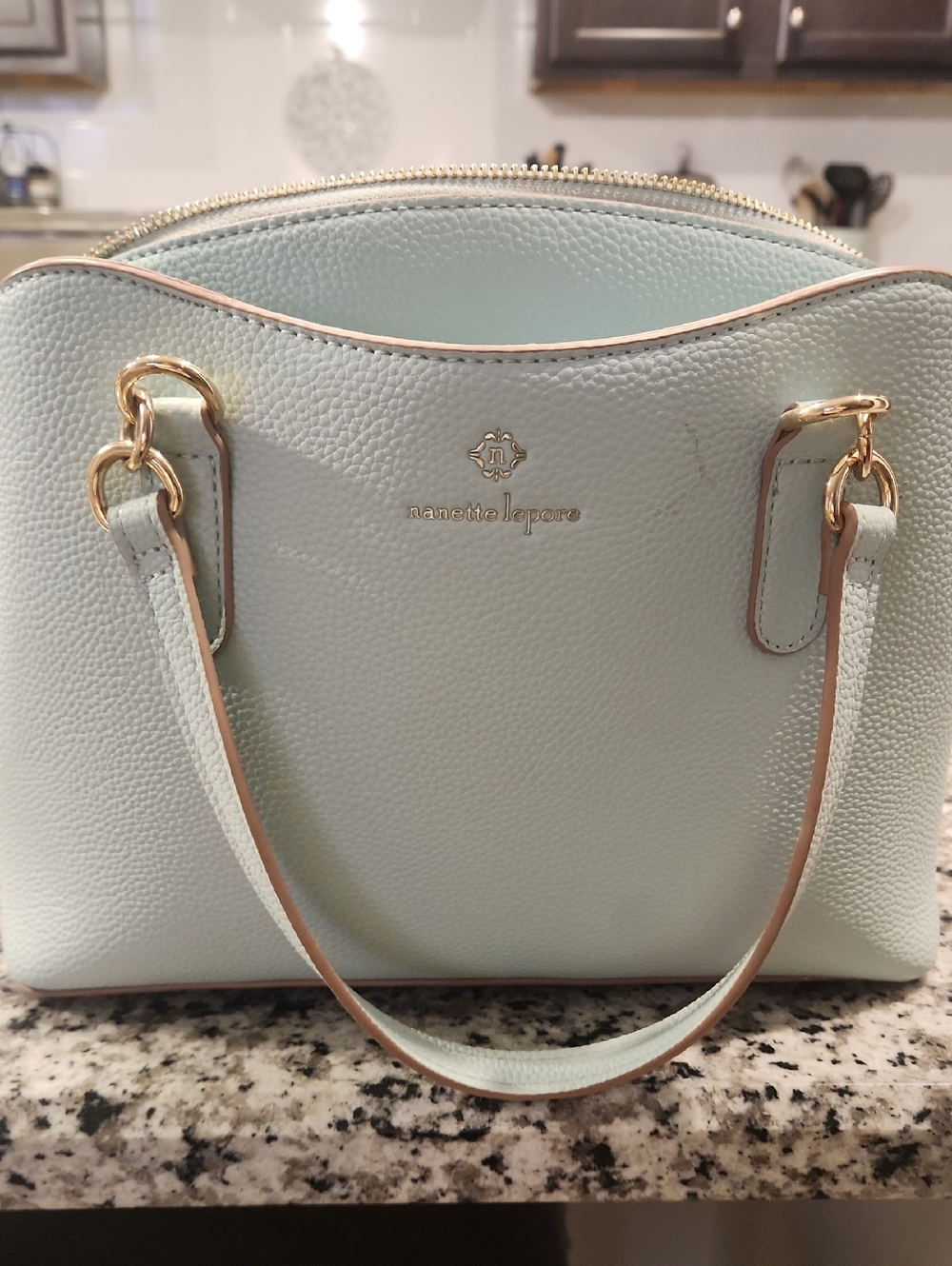 Light Blue Nantte LEPORE Pebbled Tote with Gold Accents - Ladies Handbag